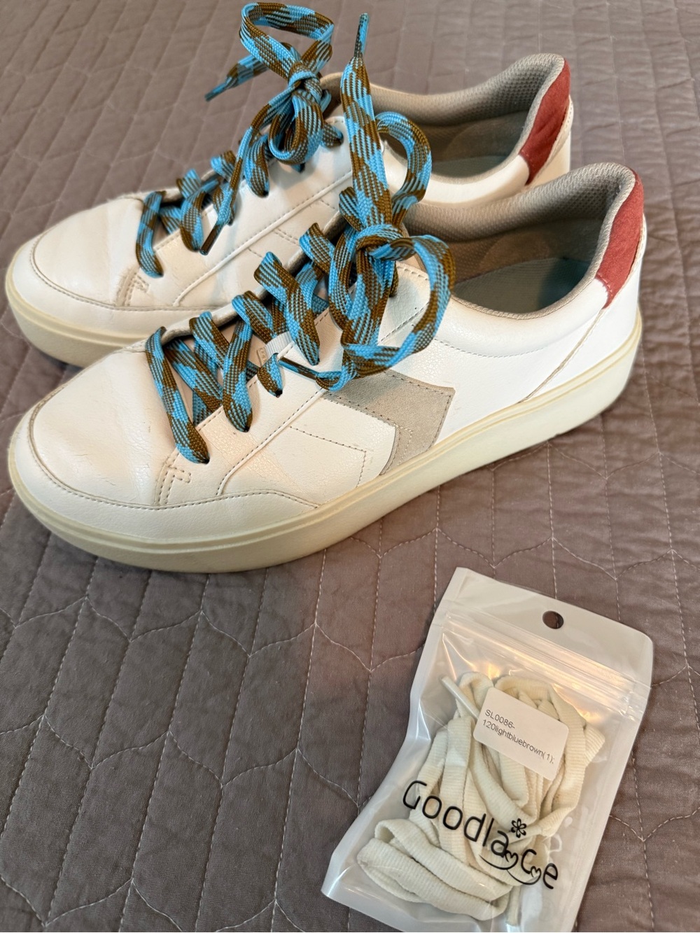 Dr. Scholl's White Sneakers with Blue and Brown Laces and Red Heel - Picture 2 of 12